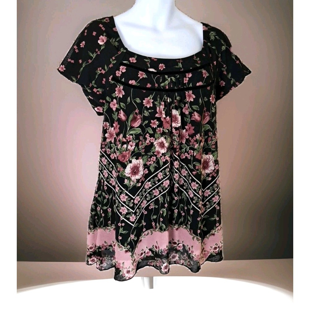 Studio 1940 Popover Top 22/24 Black Floral Mesh Overlay Puff Sleeve Stretch